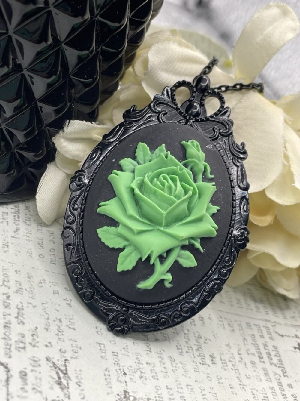 Black Green Rose Cameo Necklace Pendant Brooch Pin Hat Halloween Gothic Jewelry